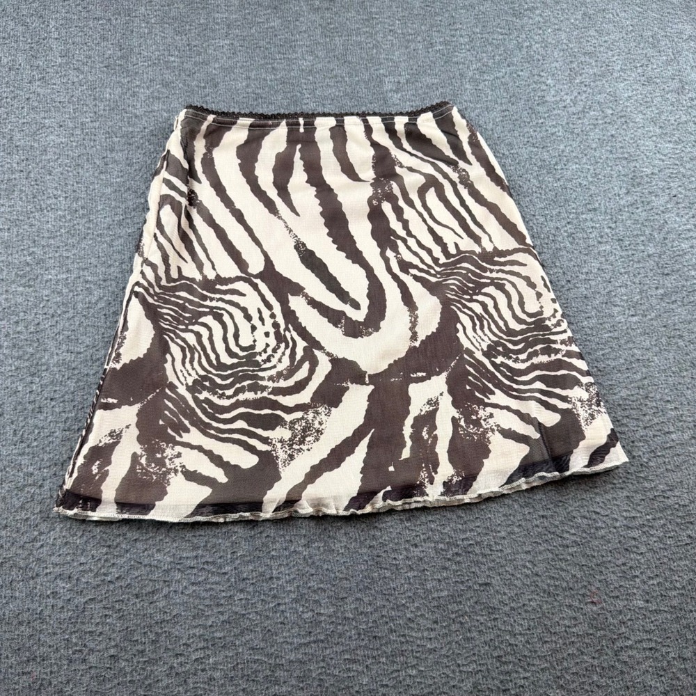 Princess Polly Mini Skirt Women's 4 Brown Zebra Print Mesh Lace Trim Lettuce Hem - Picture 8 of 8